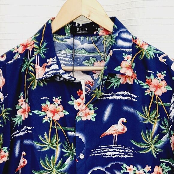 NWT  SSLR Men's Hawaiian Shirt Aloha Flamingos Palms Tropical Blue Pink Size L - Picture 6 of 6